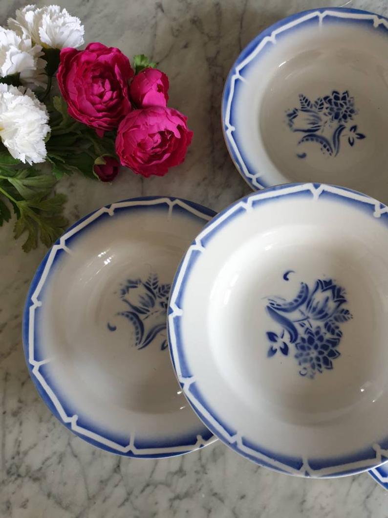 6 assiettes creuses anciennes modèle "Canebière" de la manufacture française de Sarreguemines et Di