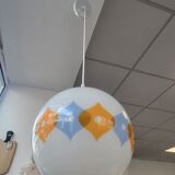Suspension ball in opaline white geometric patterns orange and blue years 60/70