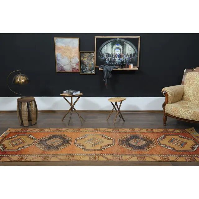 1970s vintage Turkish Oushak handmade wool cotton orange runner rug 103x330