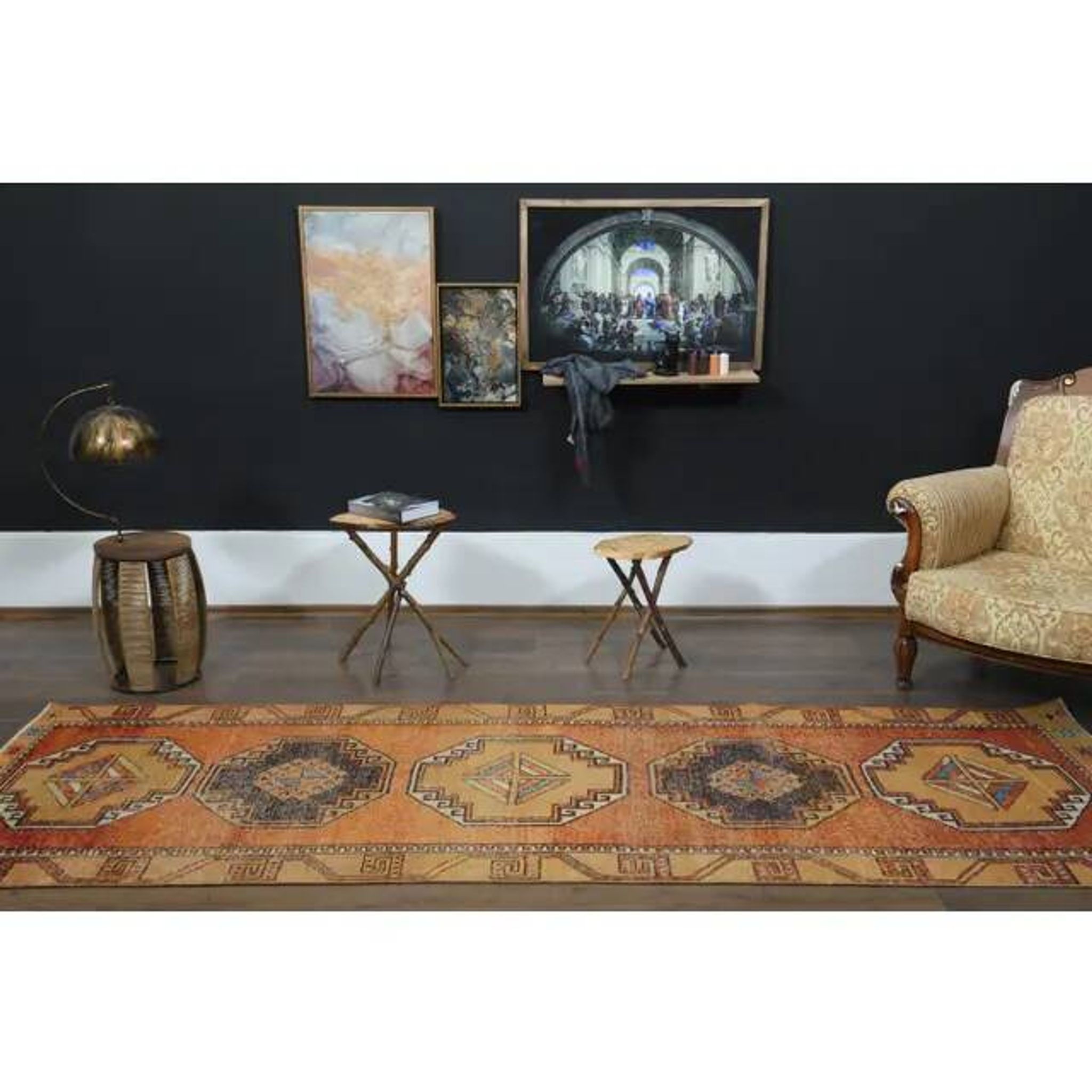 1970s vintage Turkish Oushak handmade wool cotton orange runner rug 103x330