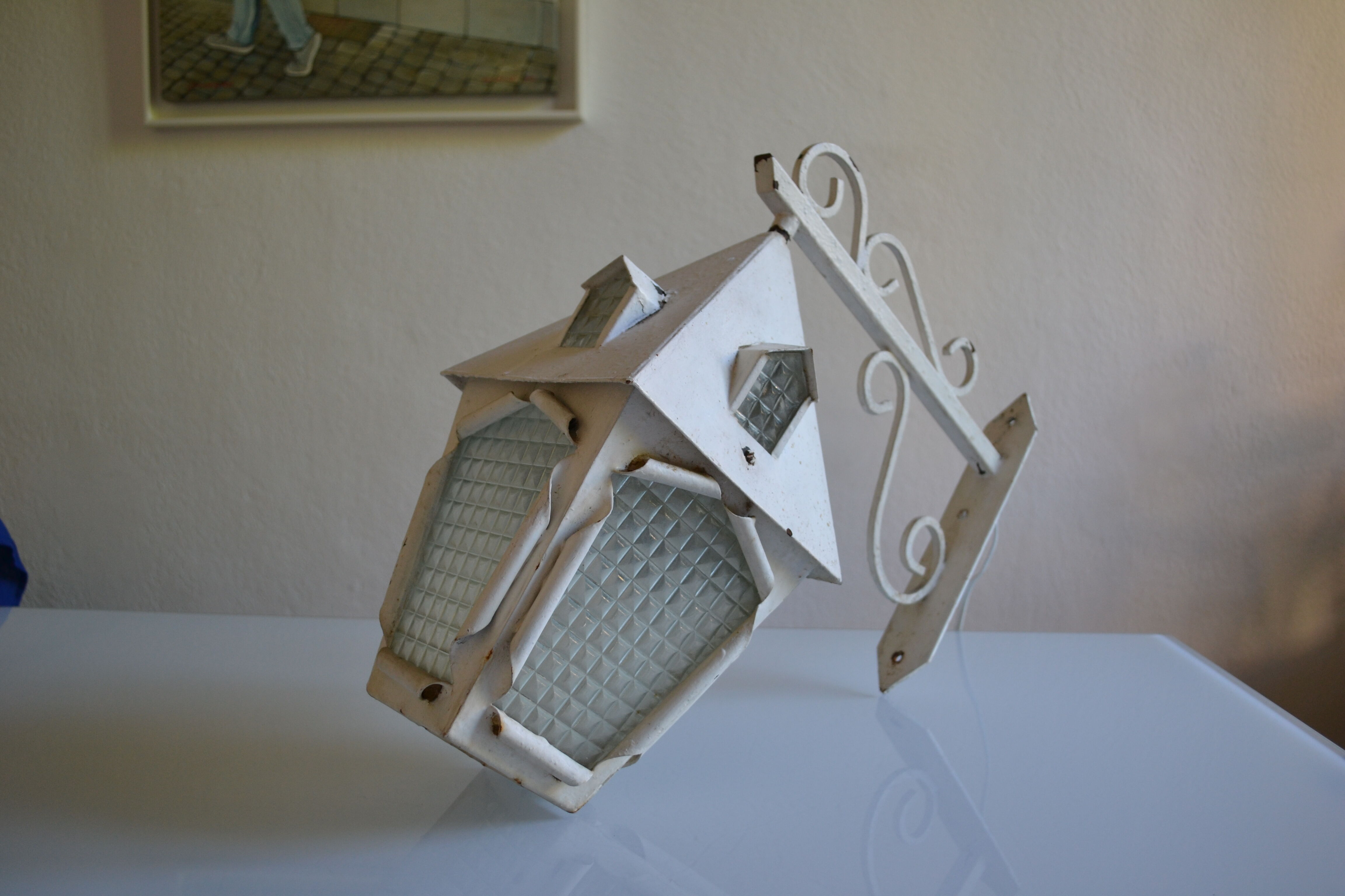 Vintage 1950 wall lamp lantern in wrought iron and glass