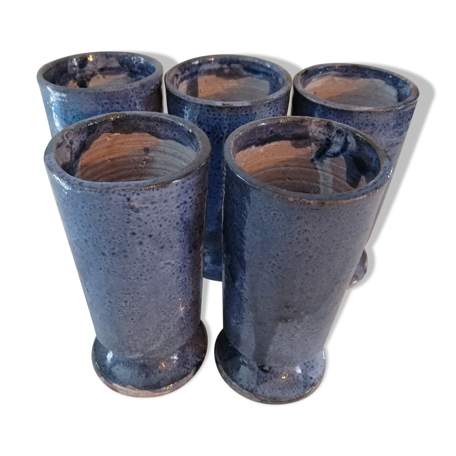 Set of 5 blue mazagrans in glazed stoneware