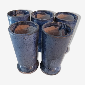 Set of 5 blue mazagrans in glazed stoneware