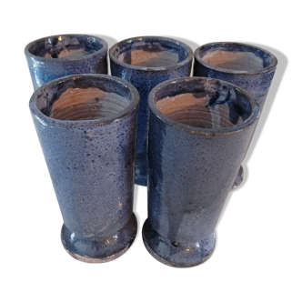 Set of 5 blue mazagrans in glazed stoneware