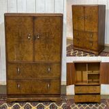 1950s English sideboard with drawers, Art Deco style, in walnut burl.