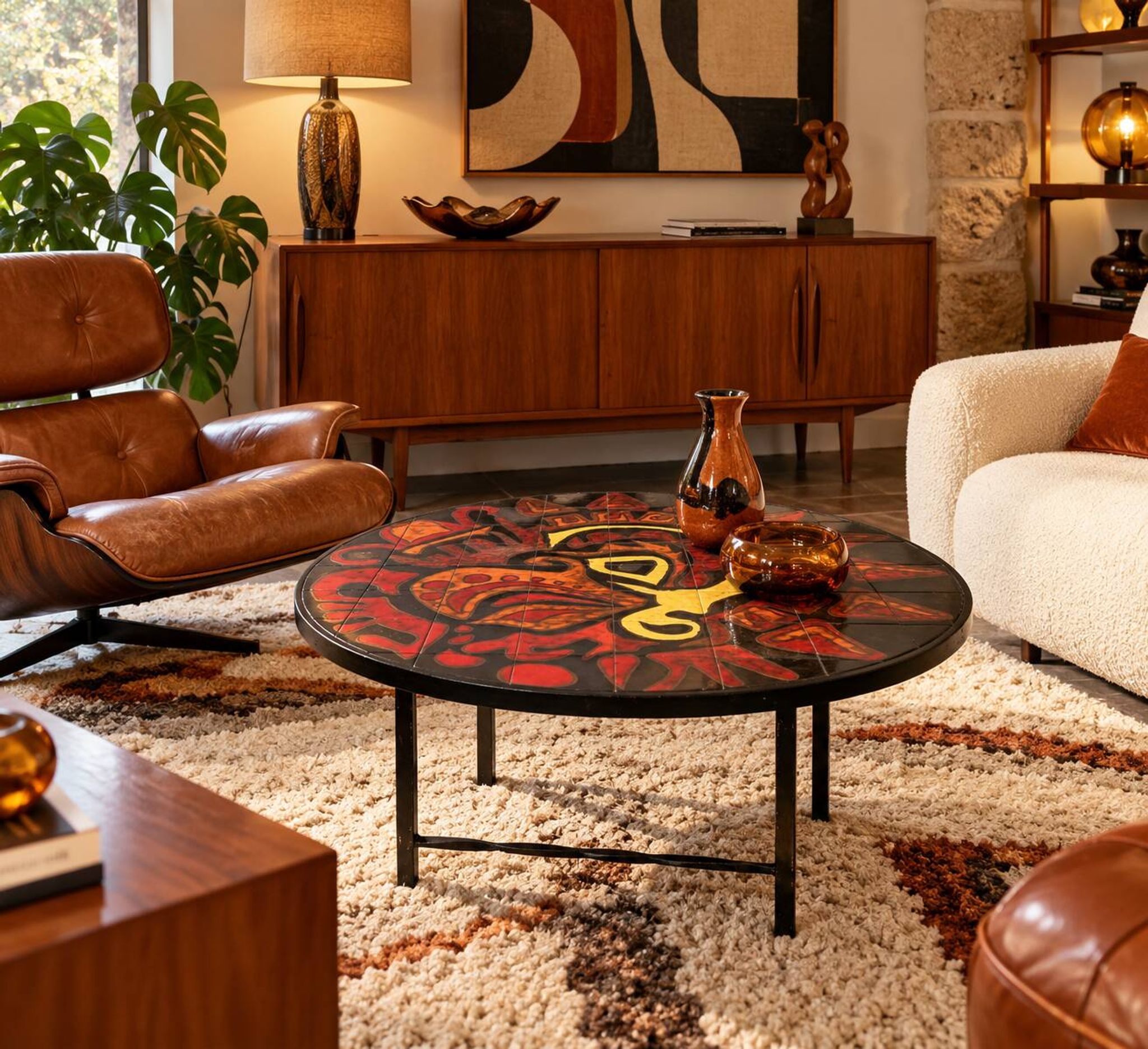 Table basse ronde vintage en céramique graphique rouge et jaune 1960