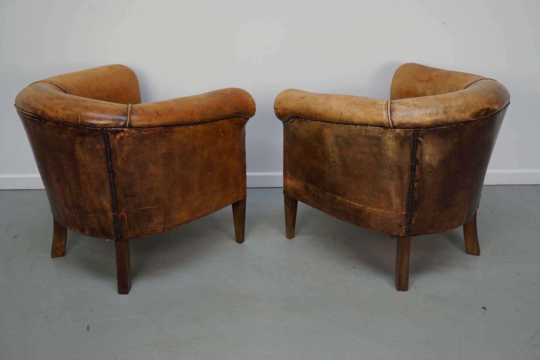 Vintage Dutch Cognac Leather Club Chairs, Set of 2