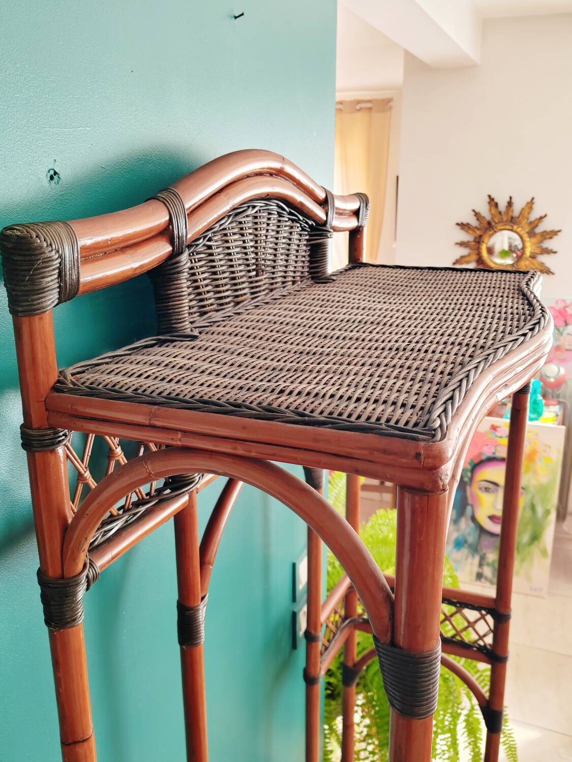 Antique rattan and bamboo coat rack
