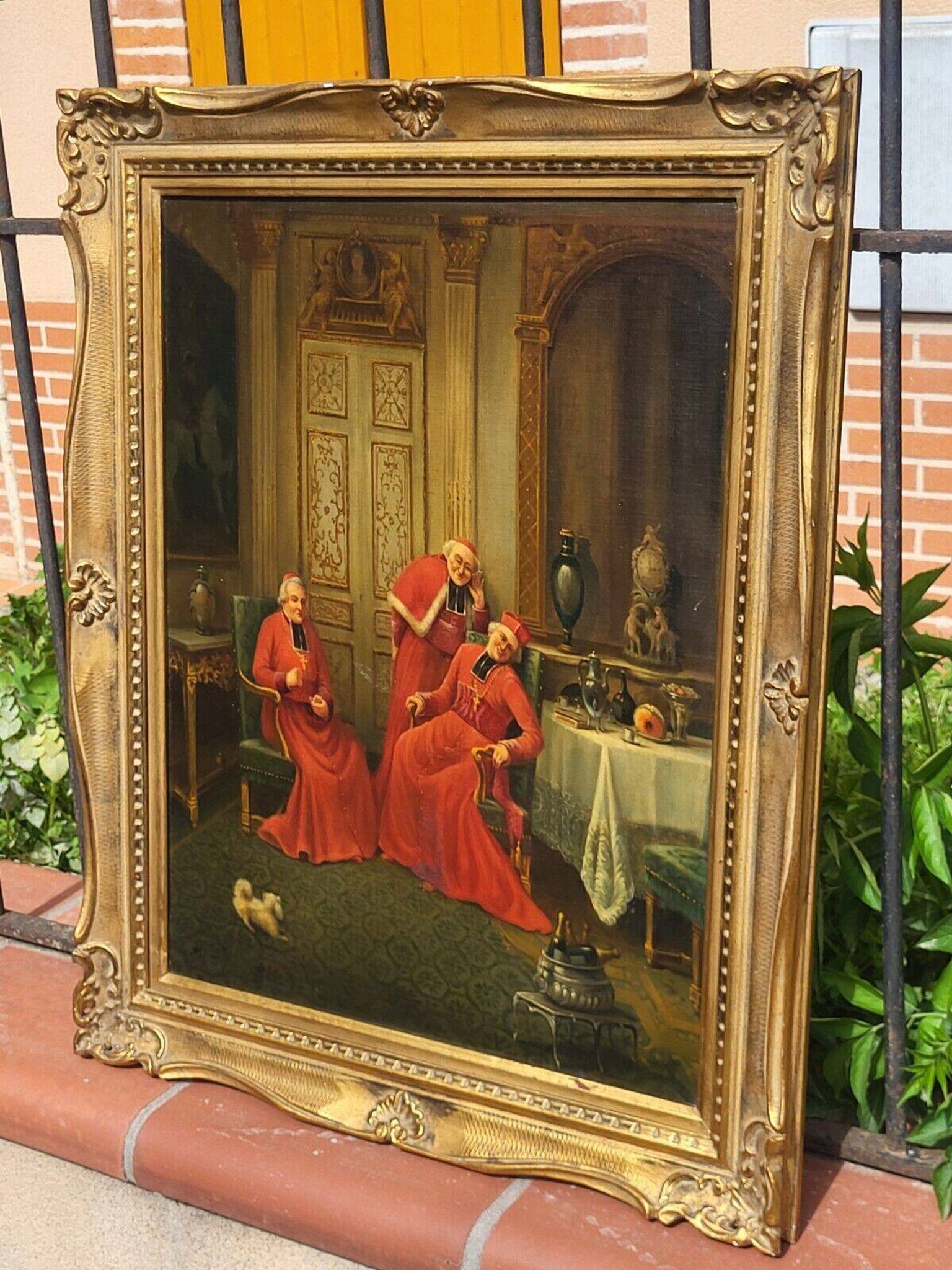 Signed Antique French Oil Painting – Cardinals in Luxurious Setting, 19th C