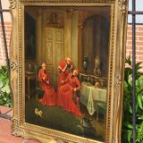 Tableau à l'huile ancien signé – Cardinaux dans un cadre luxueux, XIXe siècle