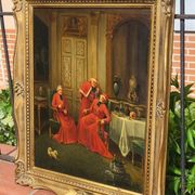 Signed Antique French Oil Painting – Cardinals in Luxurious Setting, 19th C