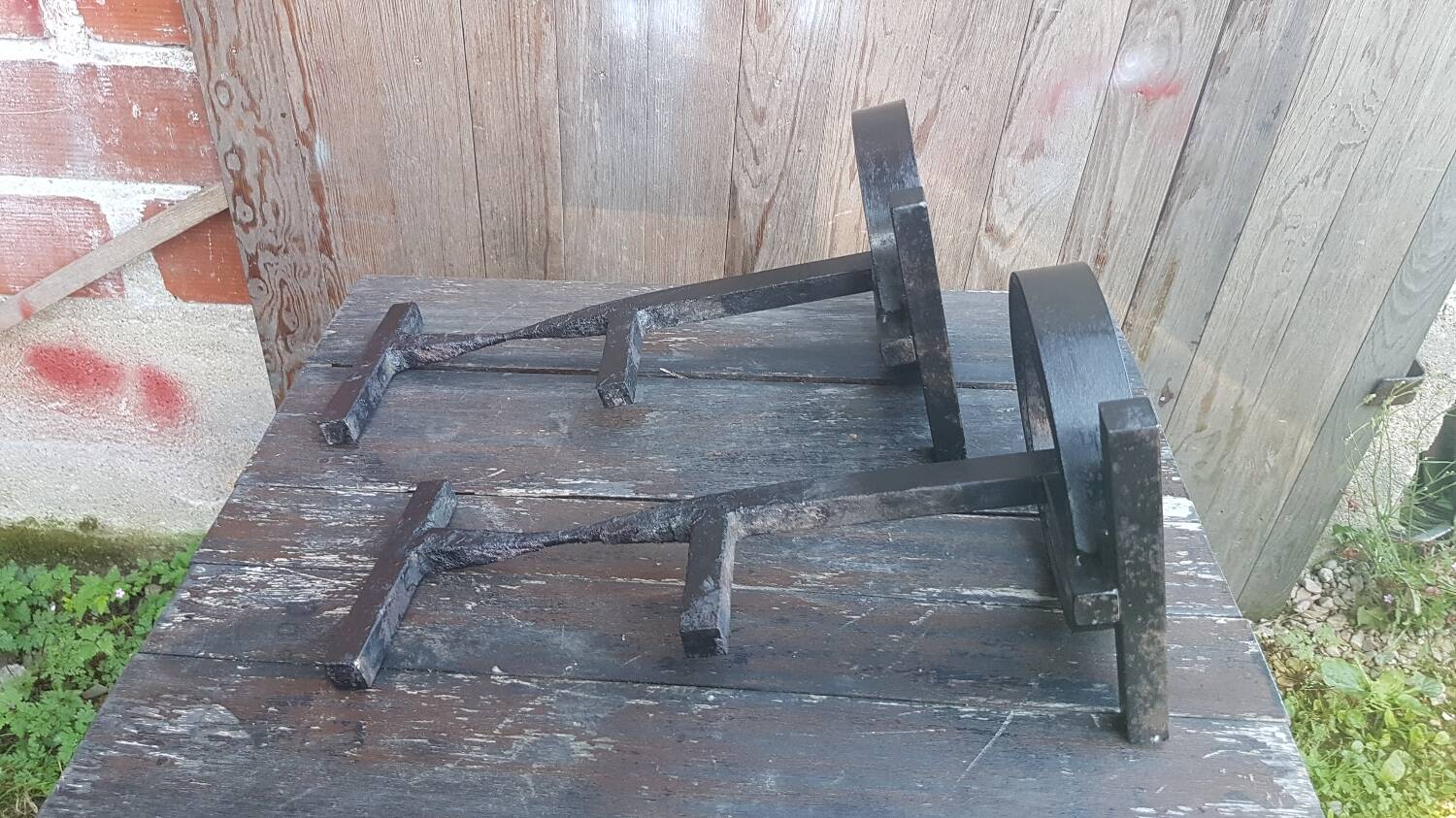 Pair of wrought iron fireplace andirons circular shape vintage