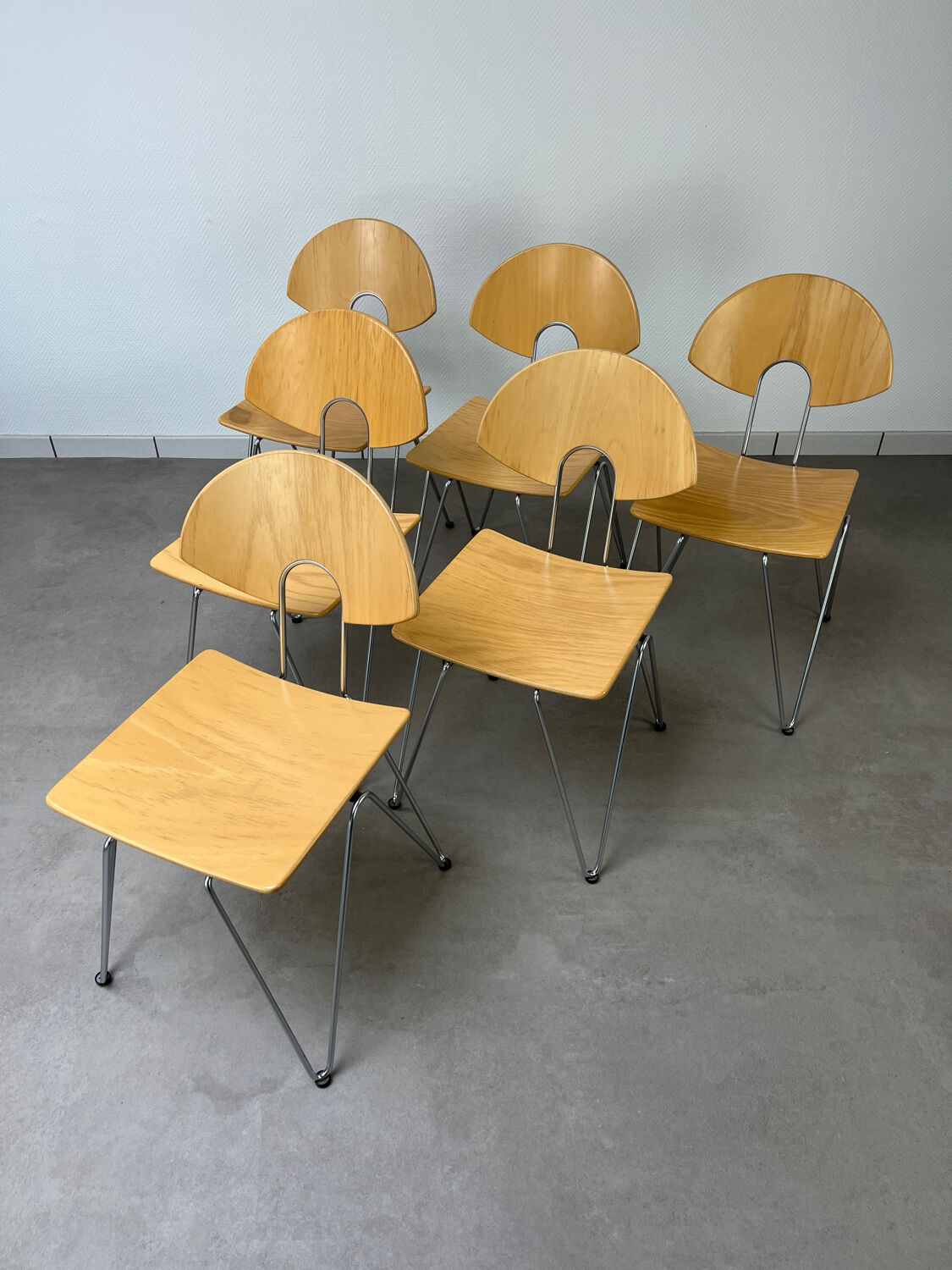 6 Mikado chairs 1800, stackable, design by Walter Leeman for Kusck&co.
