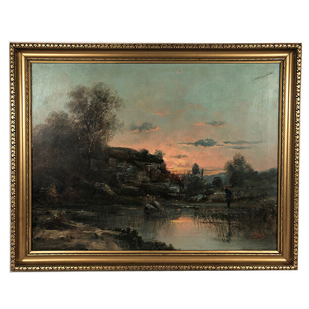 Oil on canvas, "Riverside at sunrise" signed J.Bain