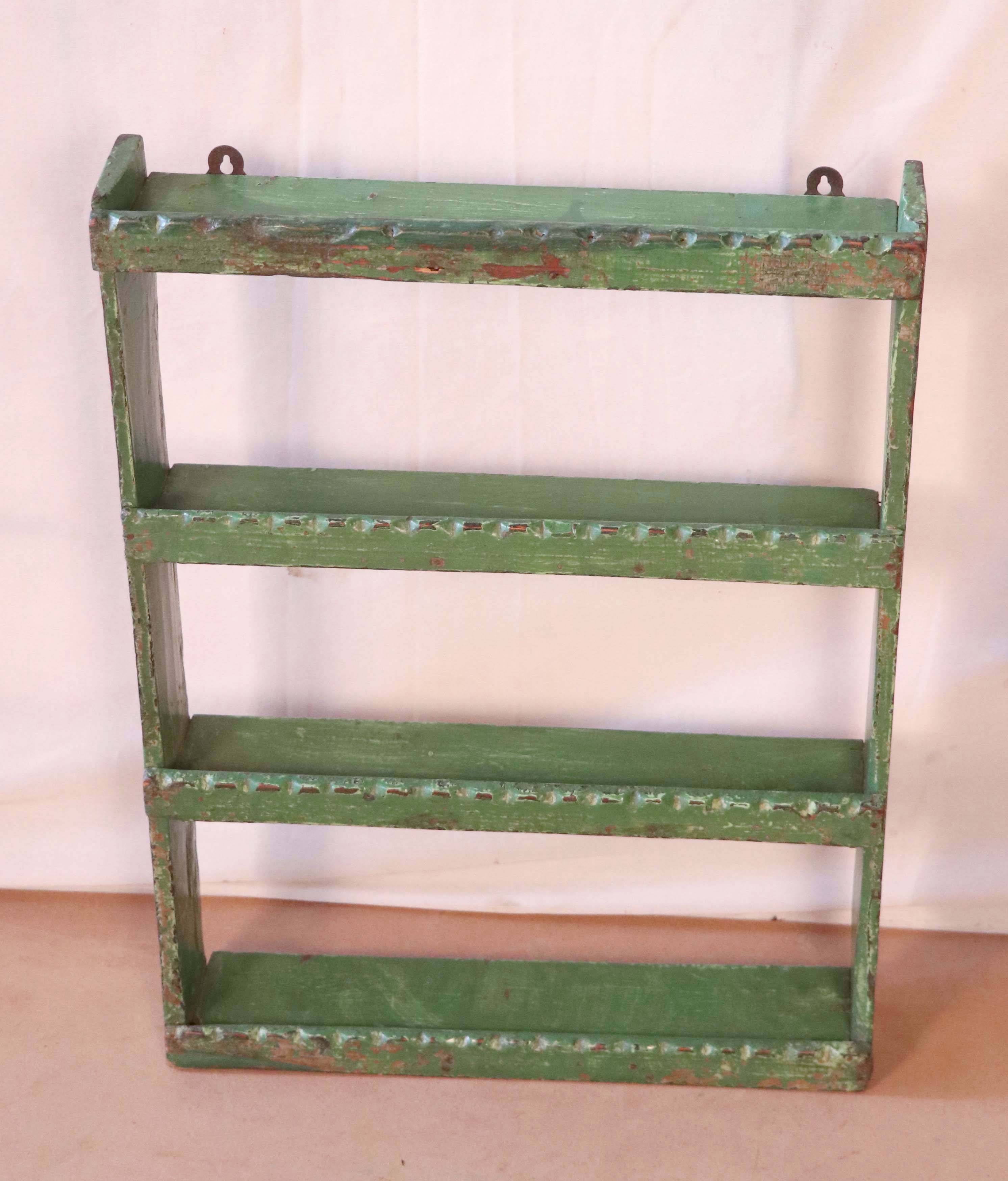 Old original Burmese teak wall shelf with green patina