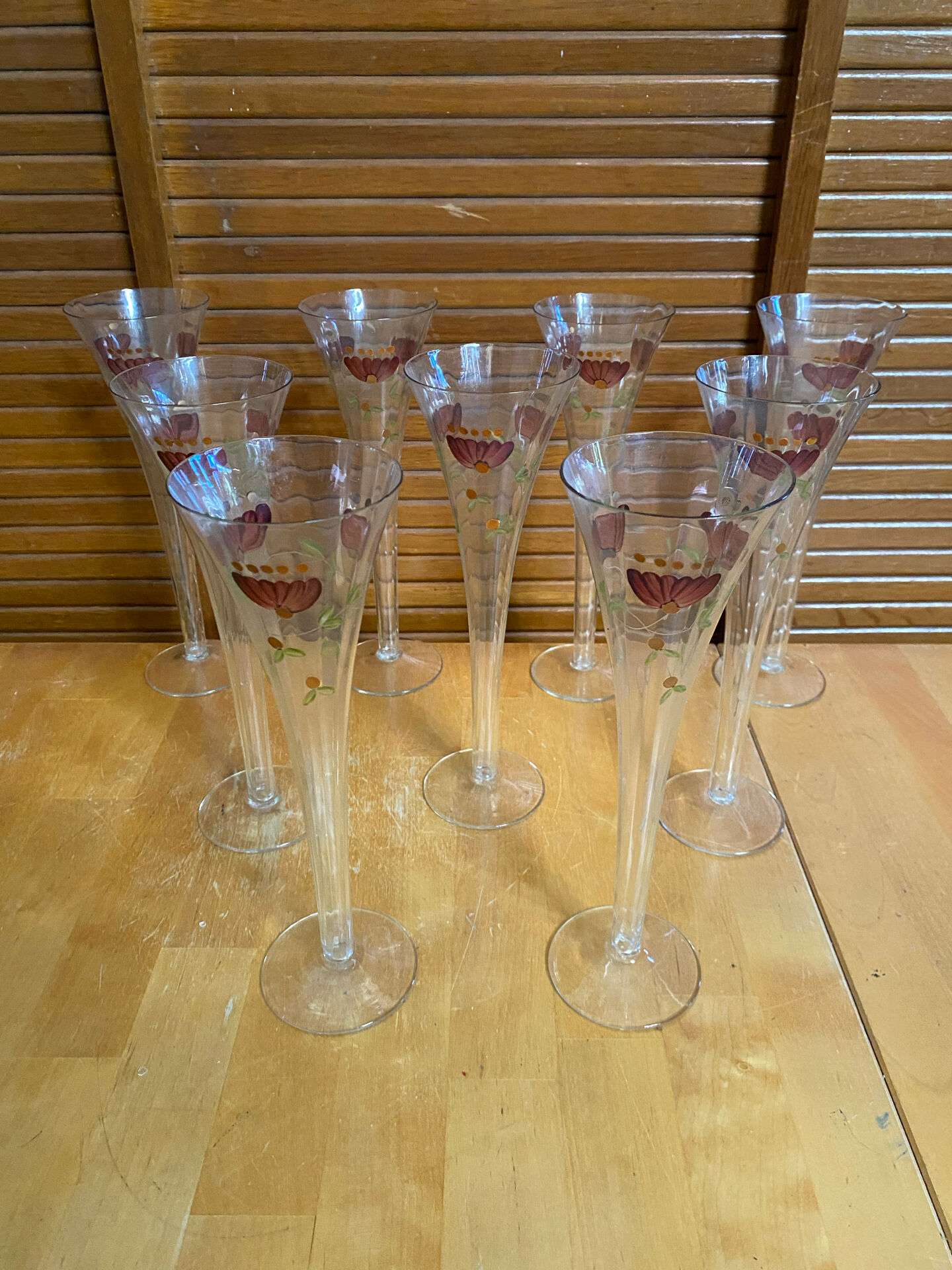Series 9 Champagne Flutes Fine Glass Hand-Painted Floral Decor Vintage #E3