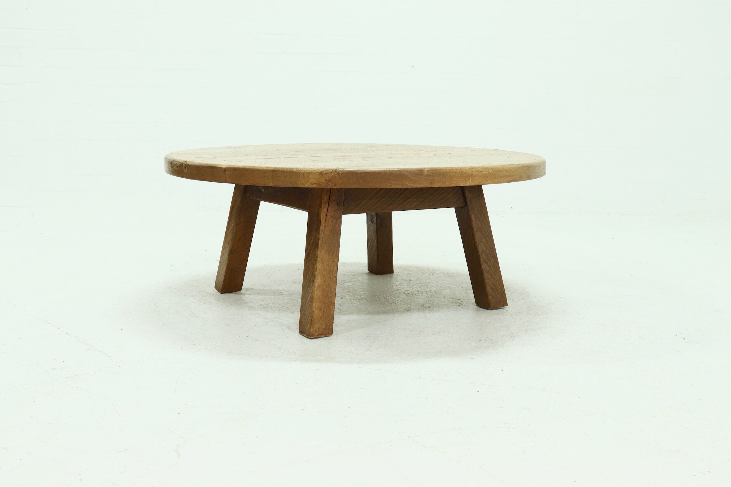 Brutalist Solid Oak Round Coffee Table 1970s