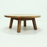 Brutalist Solid Oak Round Coffee Table 1970s
