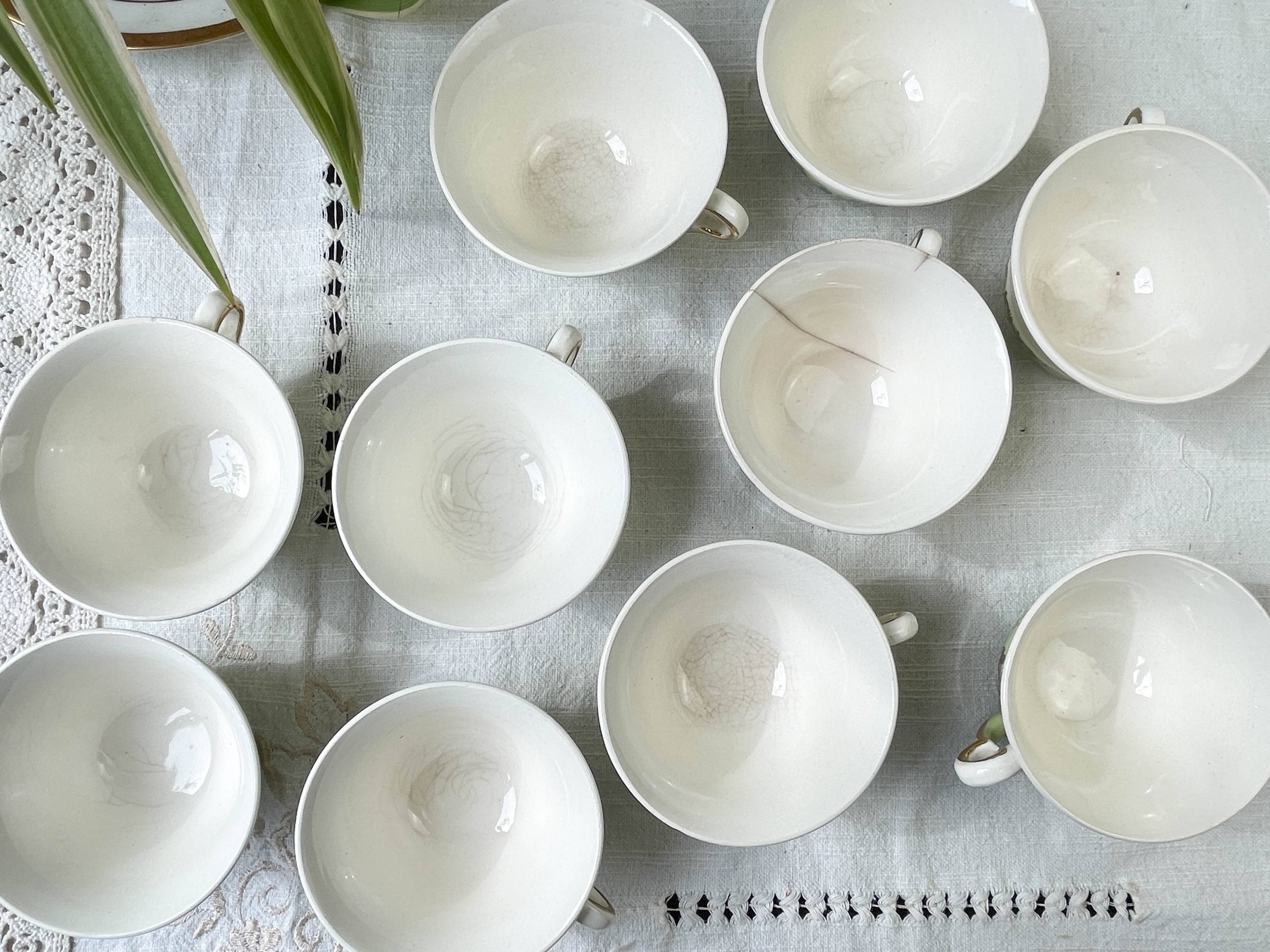 Vintage tea/coffee set in white, green and gold porcelain by SALINS, made in France