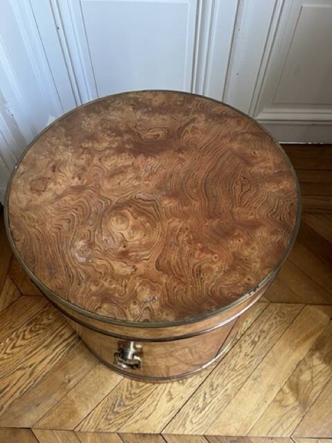 Drum side table in wood burl with door