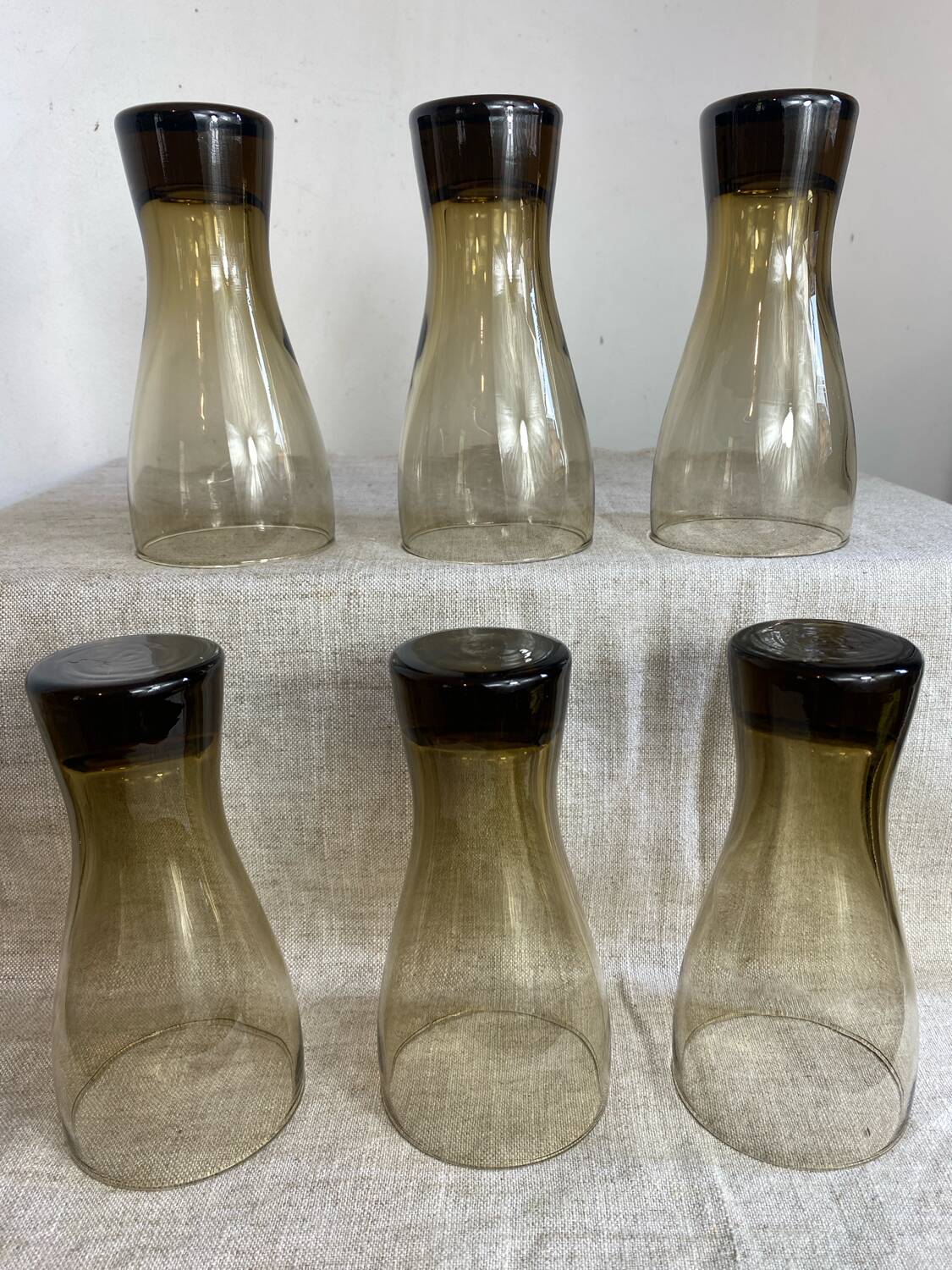 Six smoky glass soda glasses, Luminarc, 1970s.