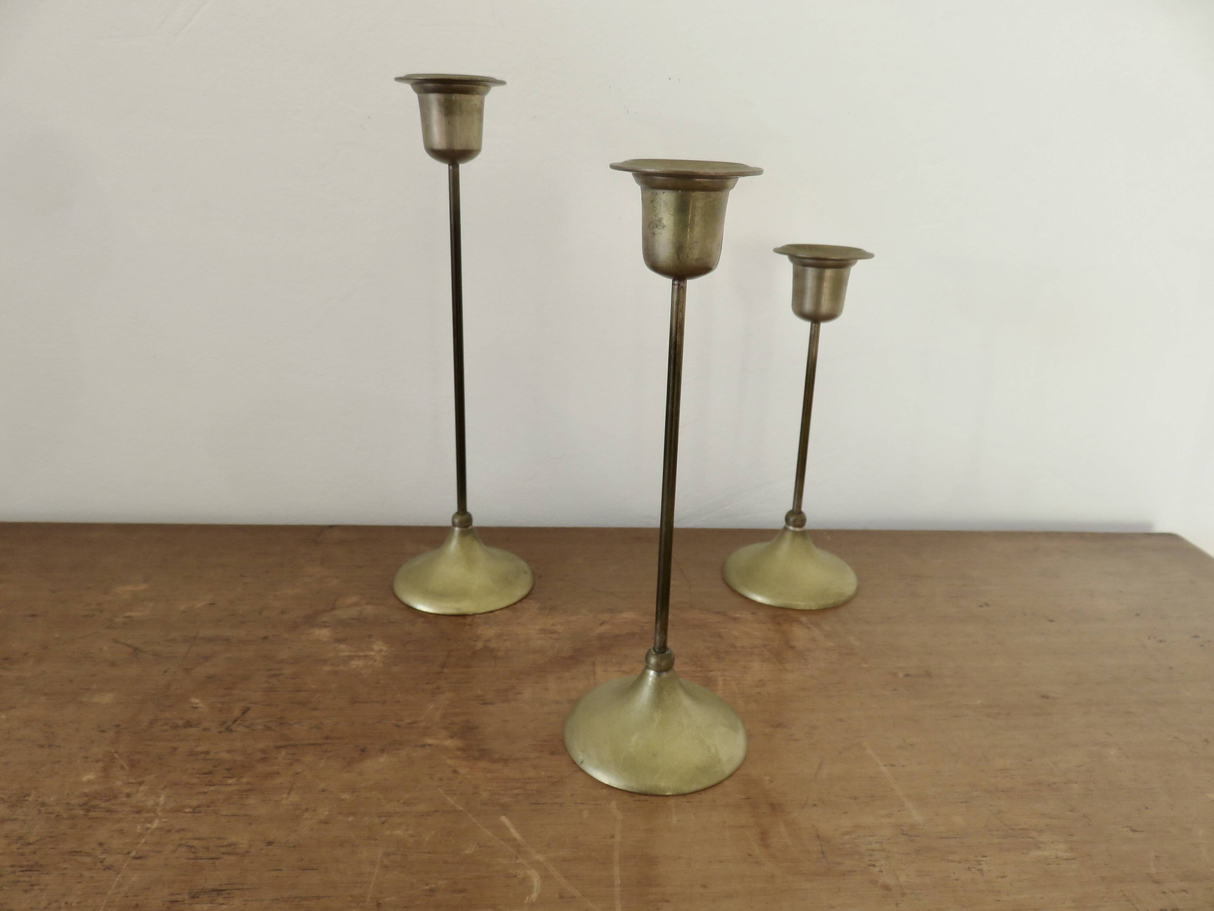 Set of 3 Scandinavian, modernist, brass candlesticks, 1960s-70s