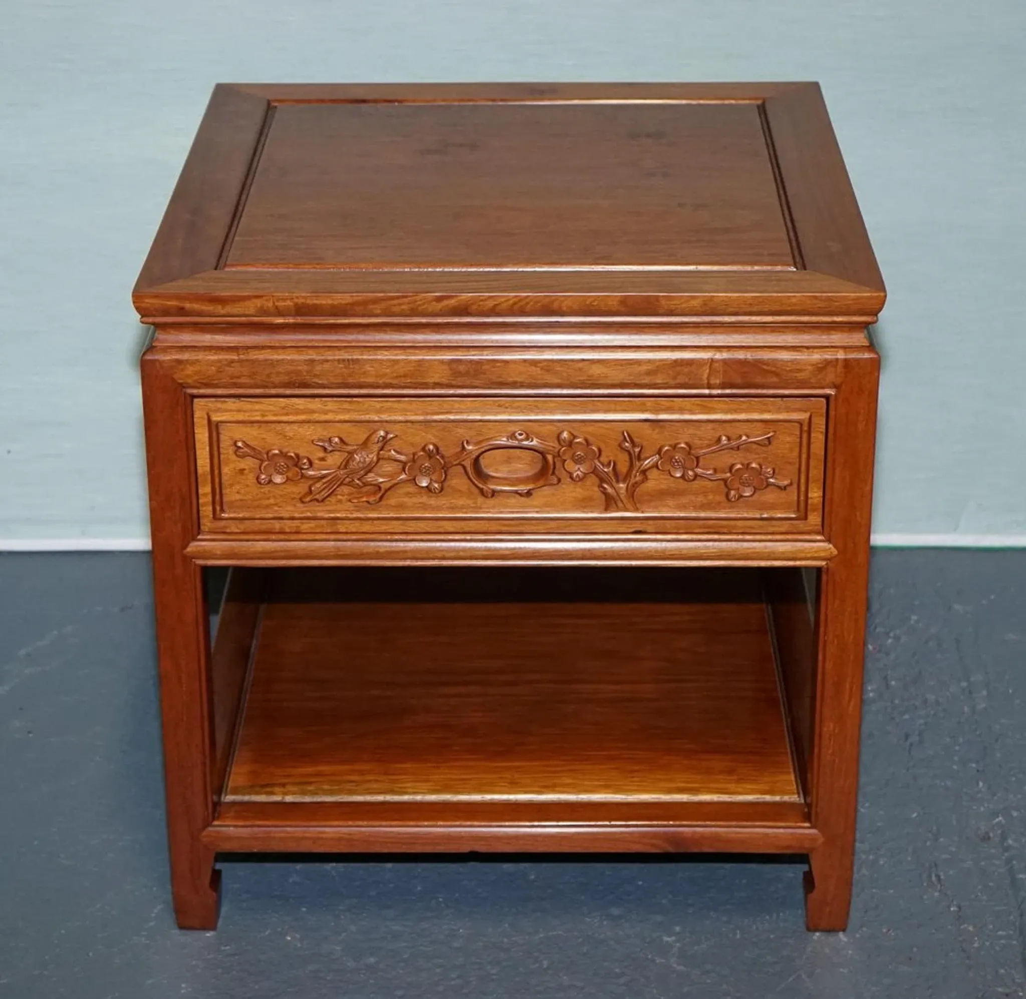 Vintage Oriental Teak Bedside Table with Drawer and Shelf, China