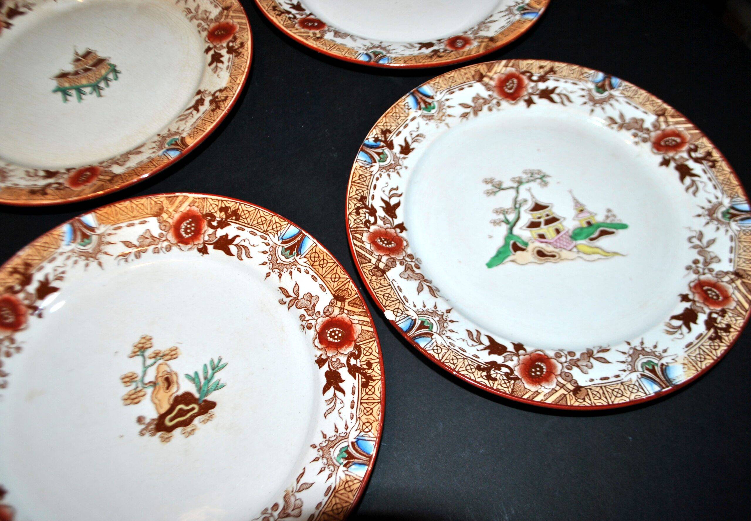 Sarreguemines dessert service 12 plates opaque earthenware bamboo polychrome Asian Chinese decor