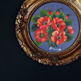 Still life in Tondo oil on panel of a bouquet of poppies signed