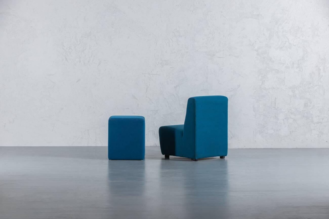 Vintage blue fabric armchair with ottoman, Italy, 1970s