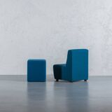 Vintage blue fabric armchair with ottoman, Italy, 1970s