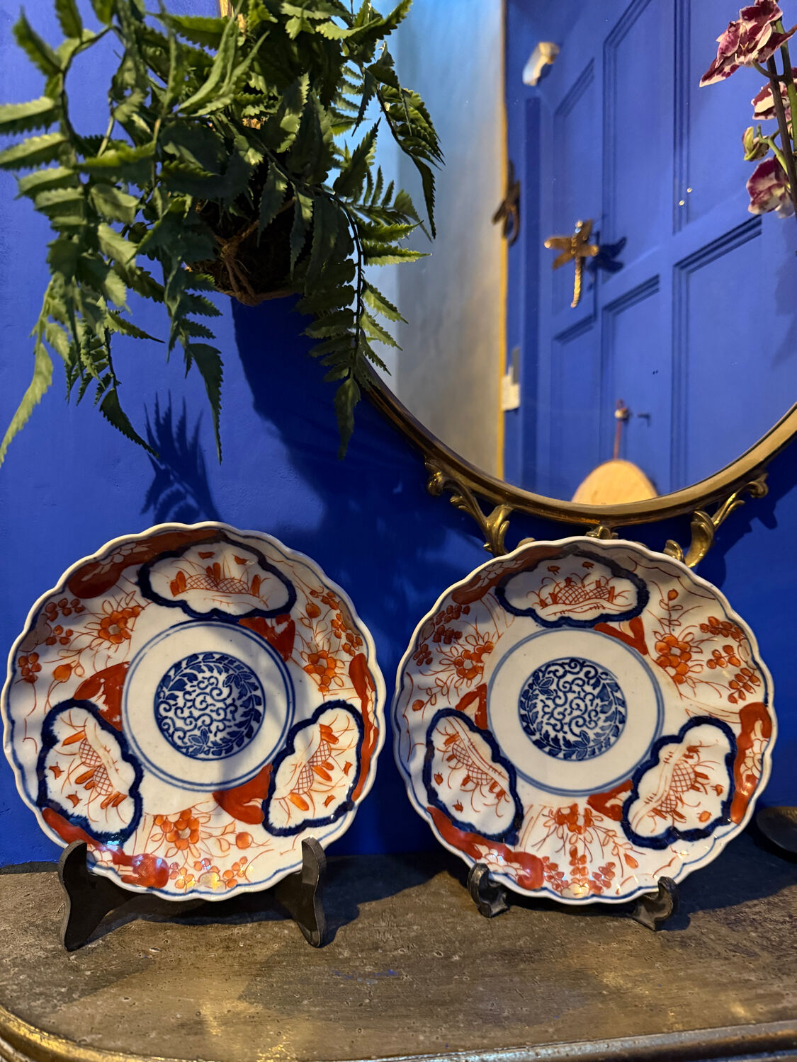 Pair of antique Imari style porcelain plates - 19 cm - 19th century