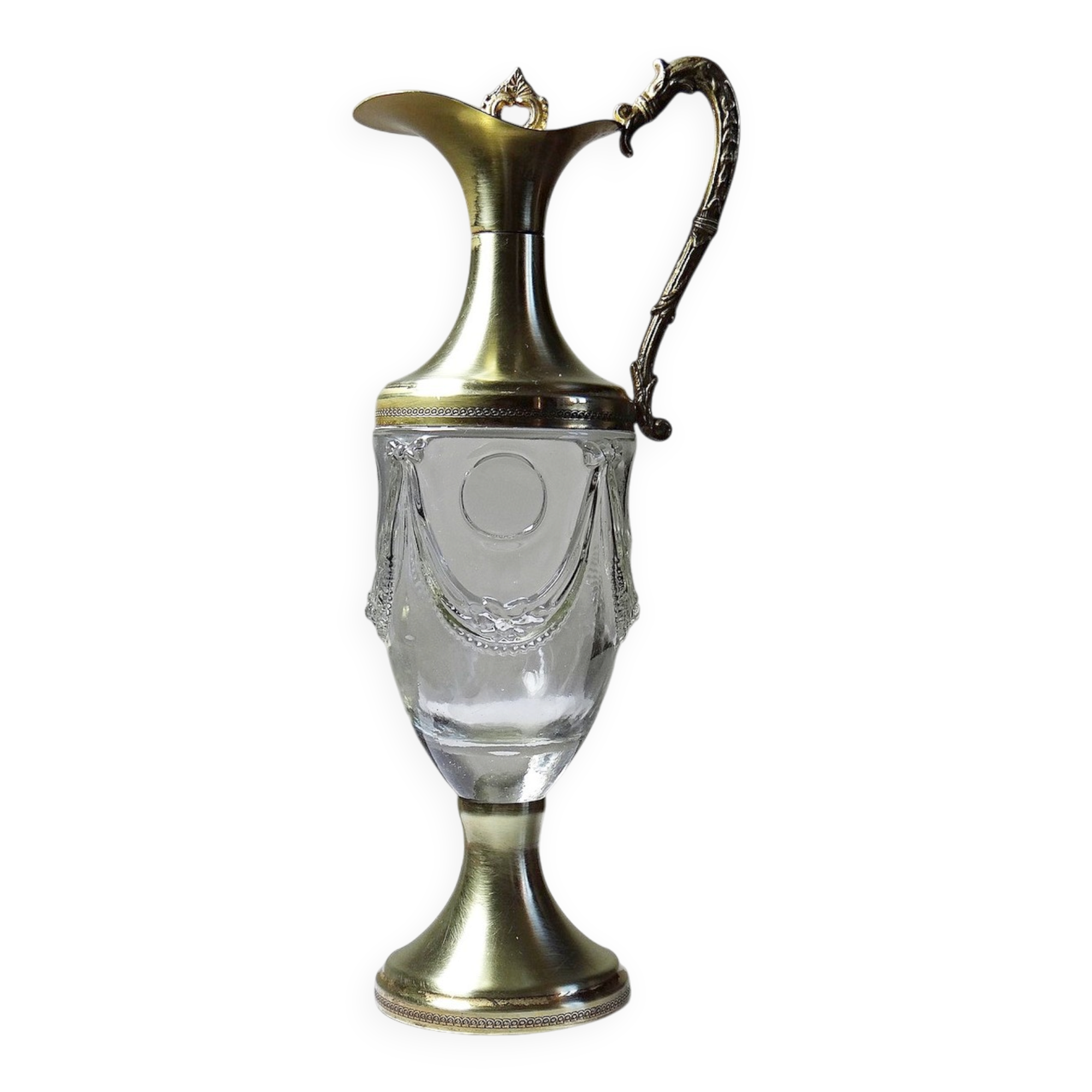 Vintage decorative jug in moulded glass and gilded brass, Italy circa 1980.
