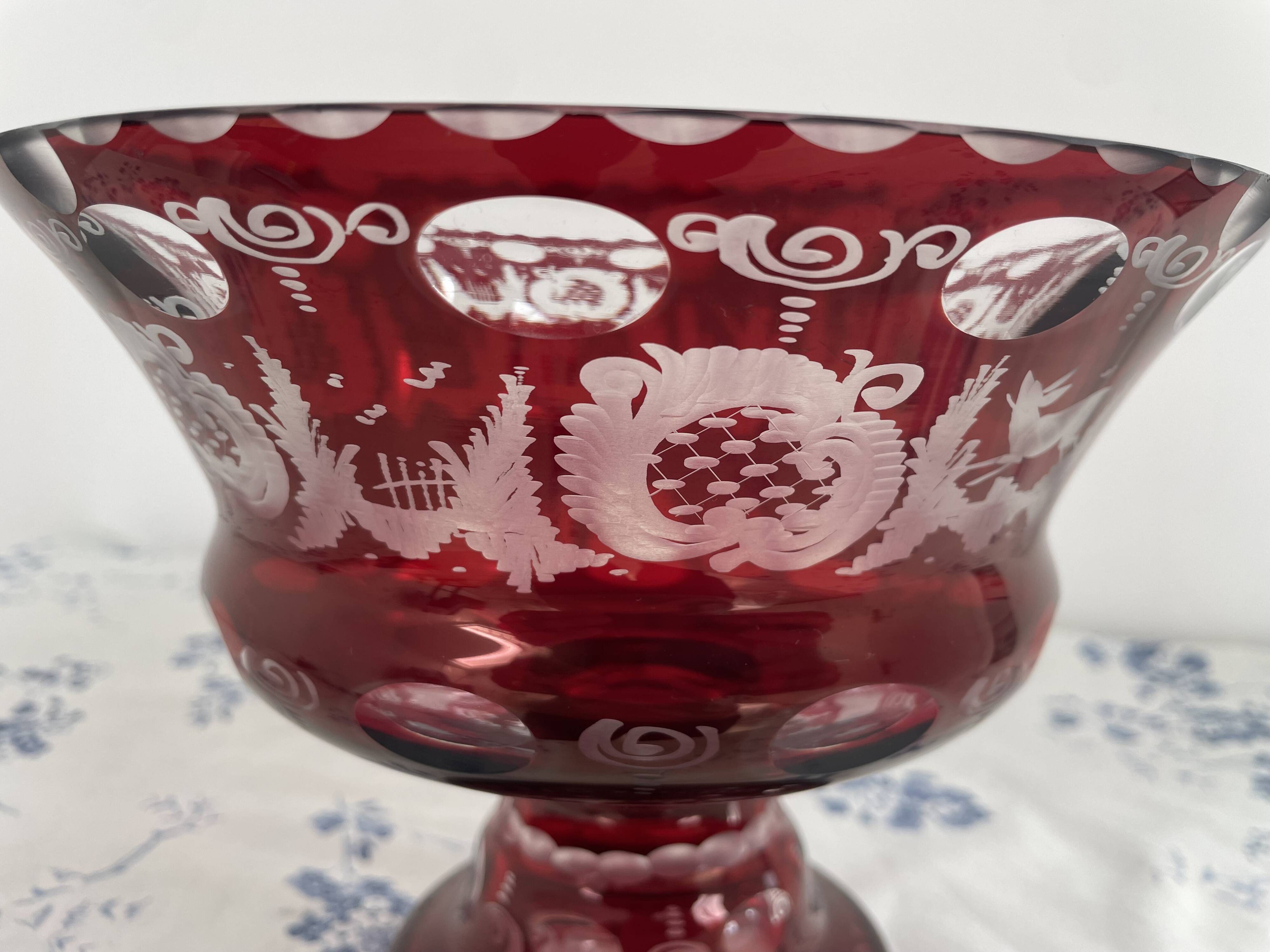 Large red and white overlay glass bowl, Bohemian 20th century