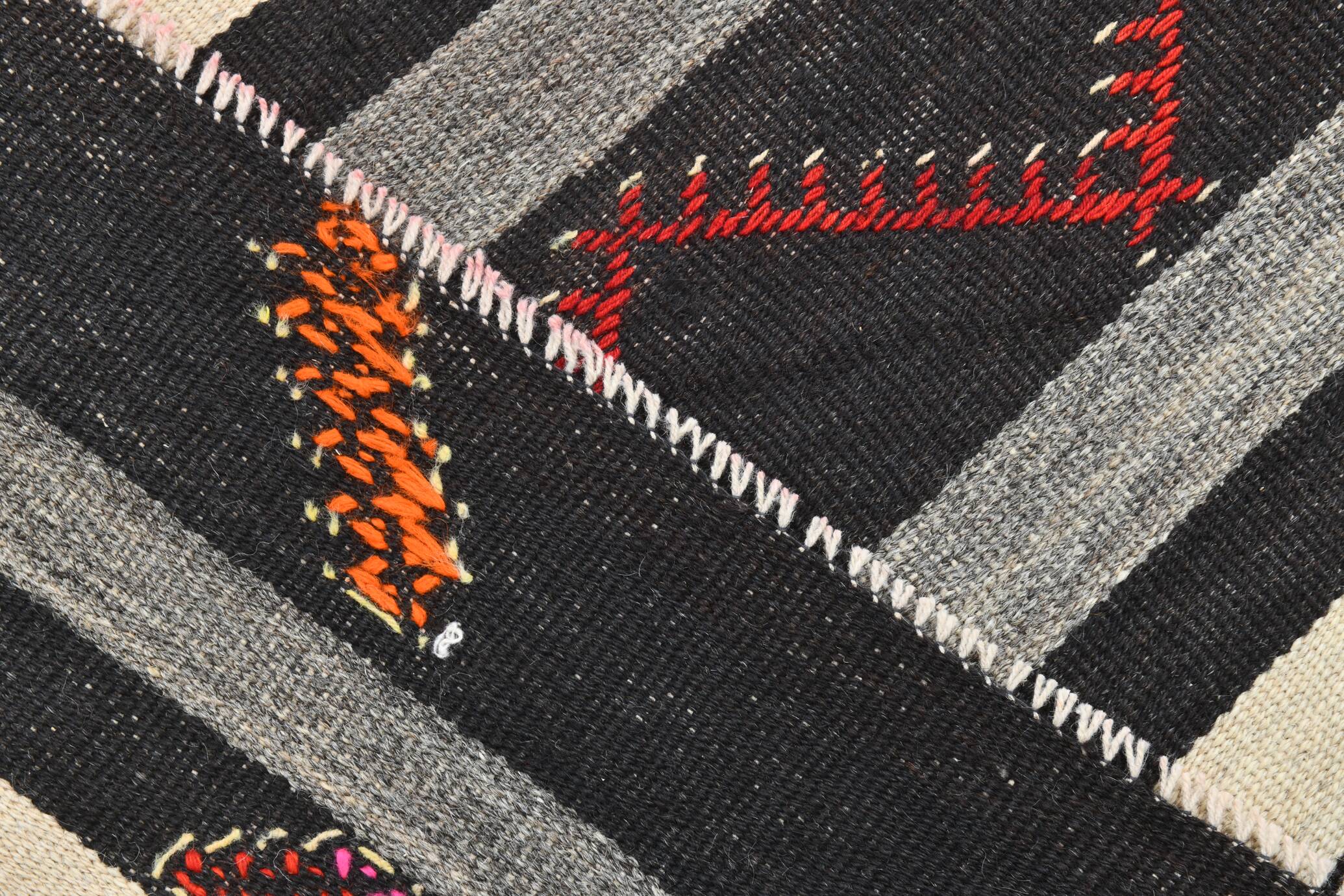 7x10 Black & Cream Large Vintage Kilim Rug, 204x300Cm