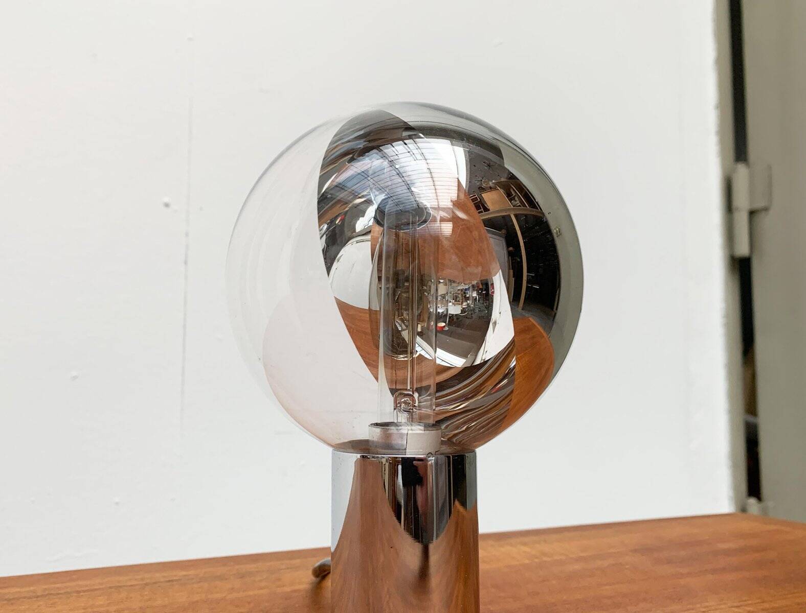 Vintage German table lamp in chrome and glass by Motoko Ishii for Staff.