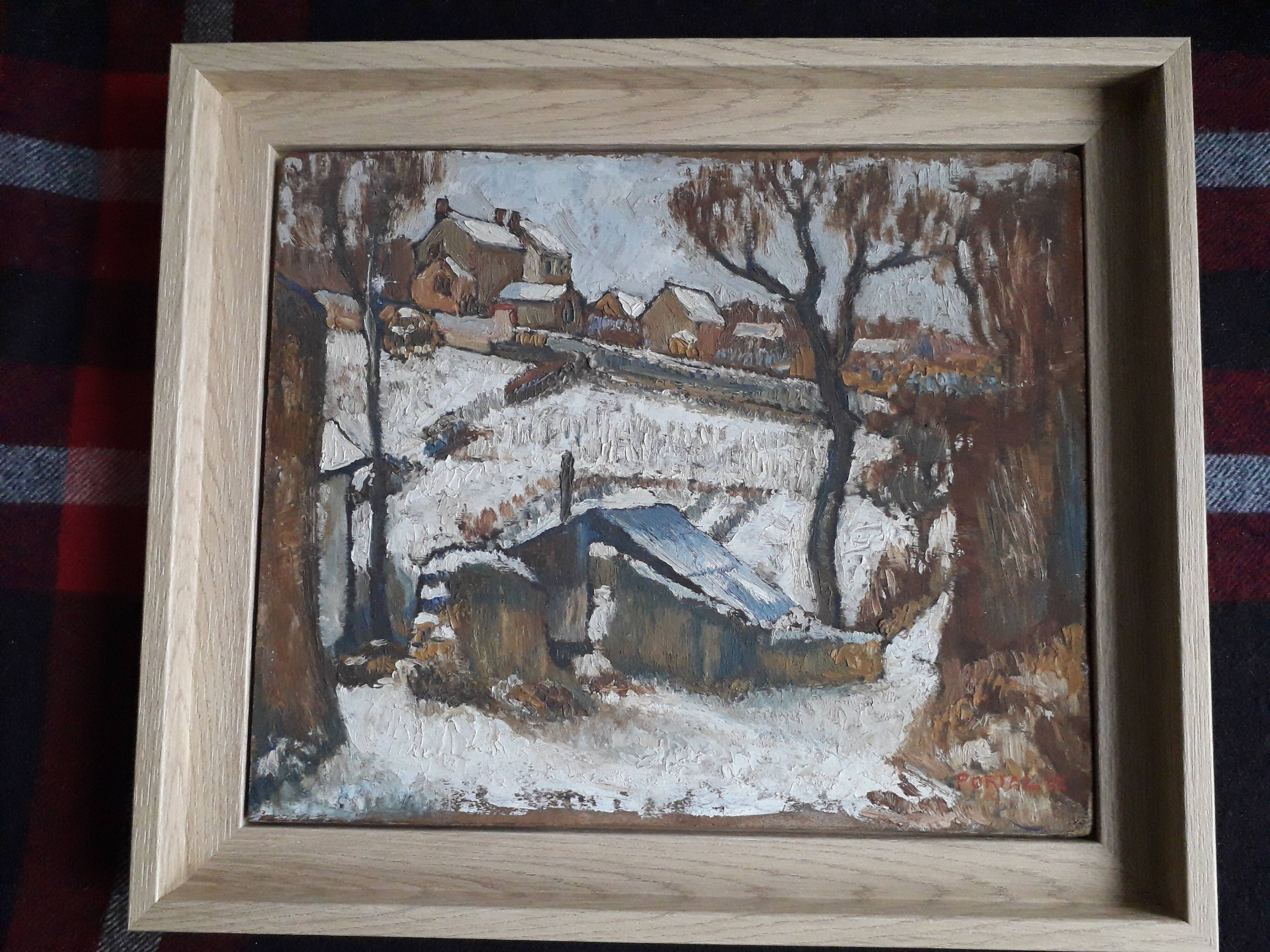 Old oil painting representing a winter landscape