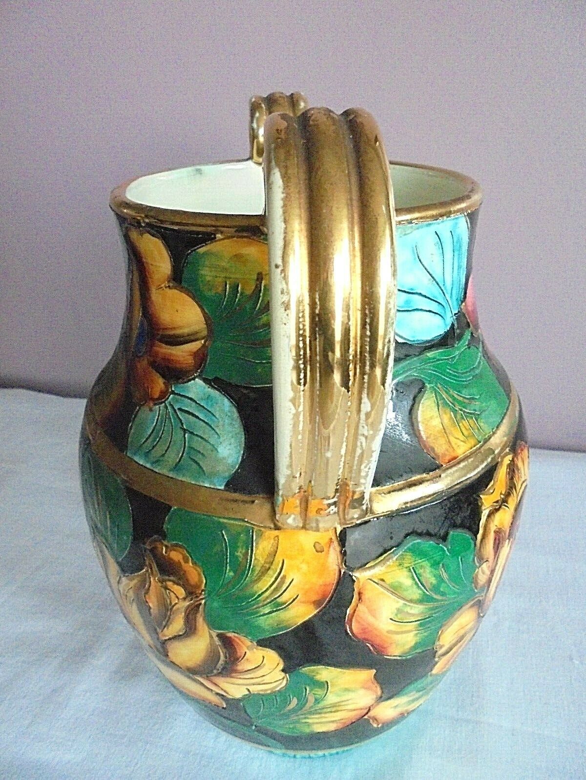 Vase Vallauris Deco hand Patterns flowers with gilding
