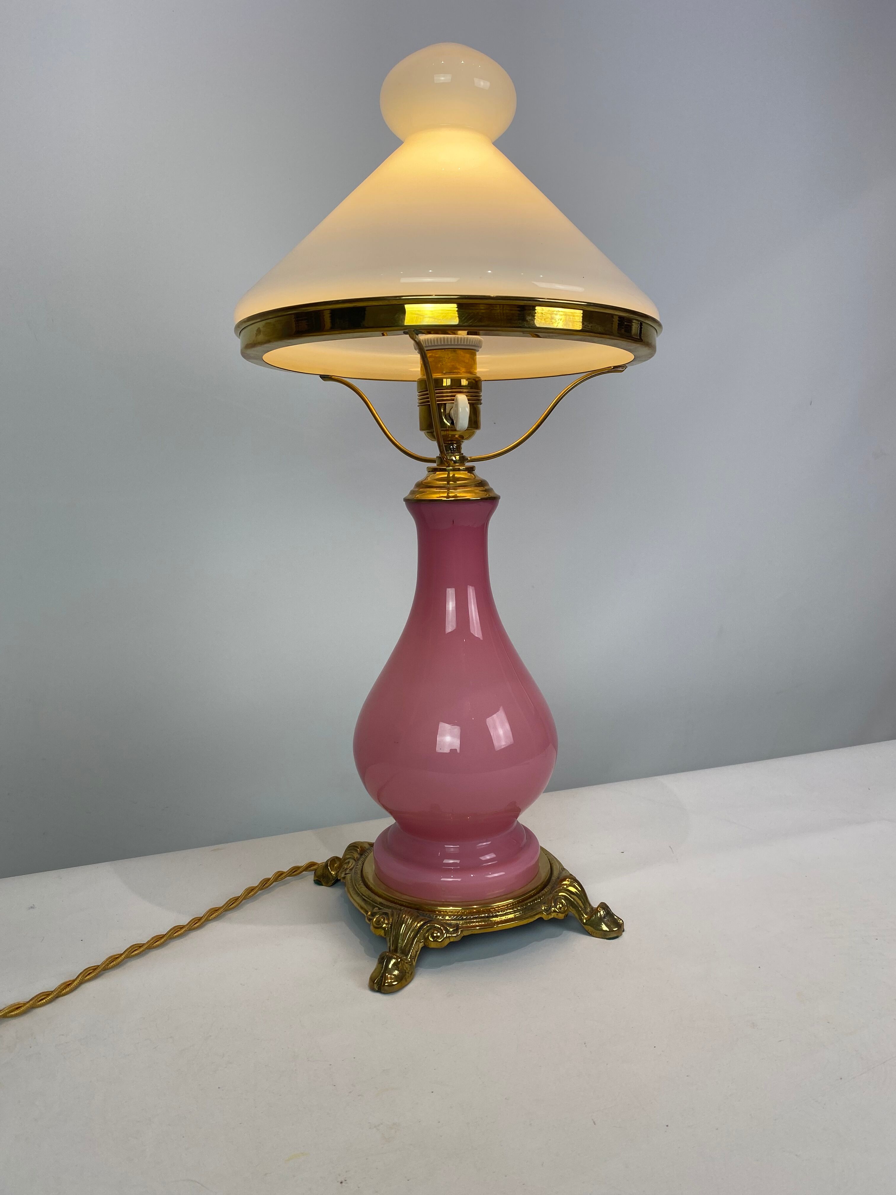 Table lamp with frame of pink opaline glass Funen's glassworks, 1930s
