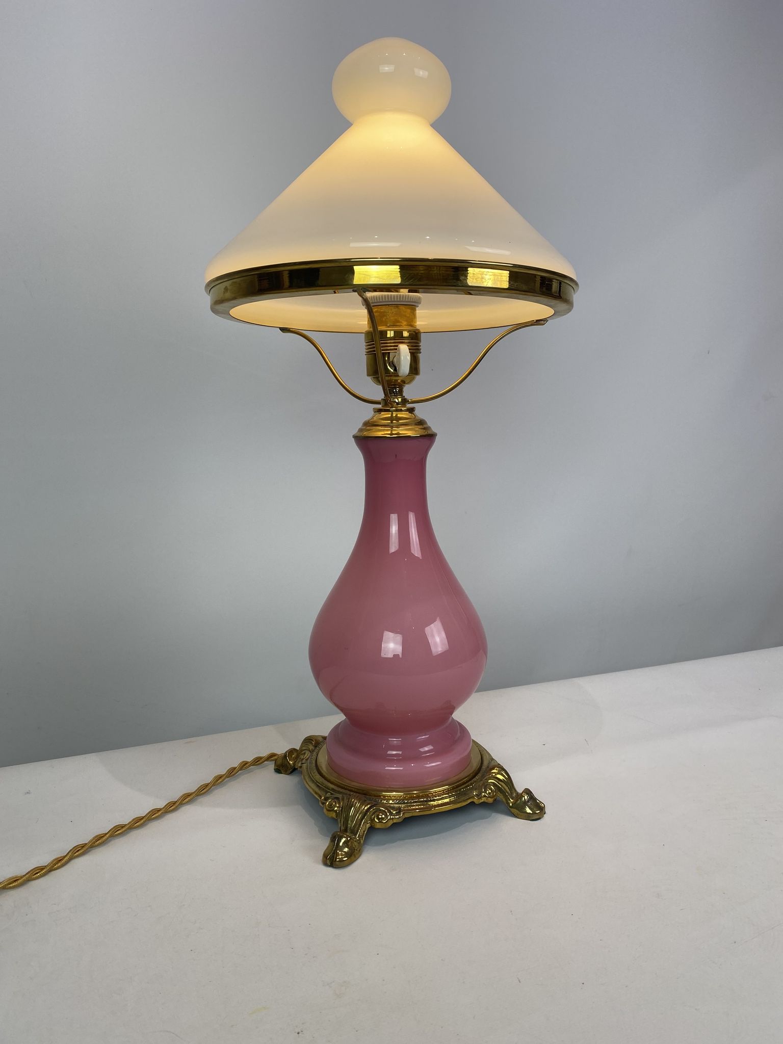 Table lamp with frame of pink opaline glass Funen's glassworks, 1930s