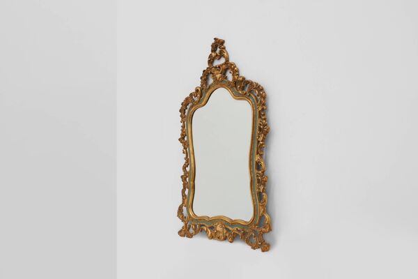 Miroir baroque belge doré de style Louis XV avec étiquette « Knitter-Duro Brevete »