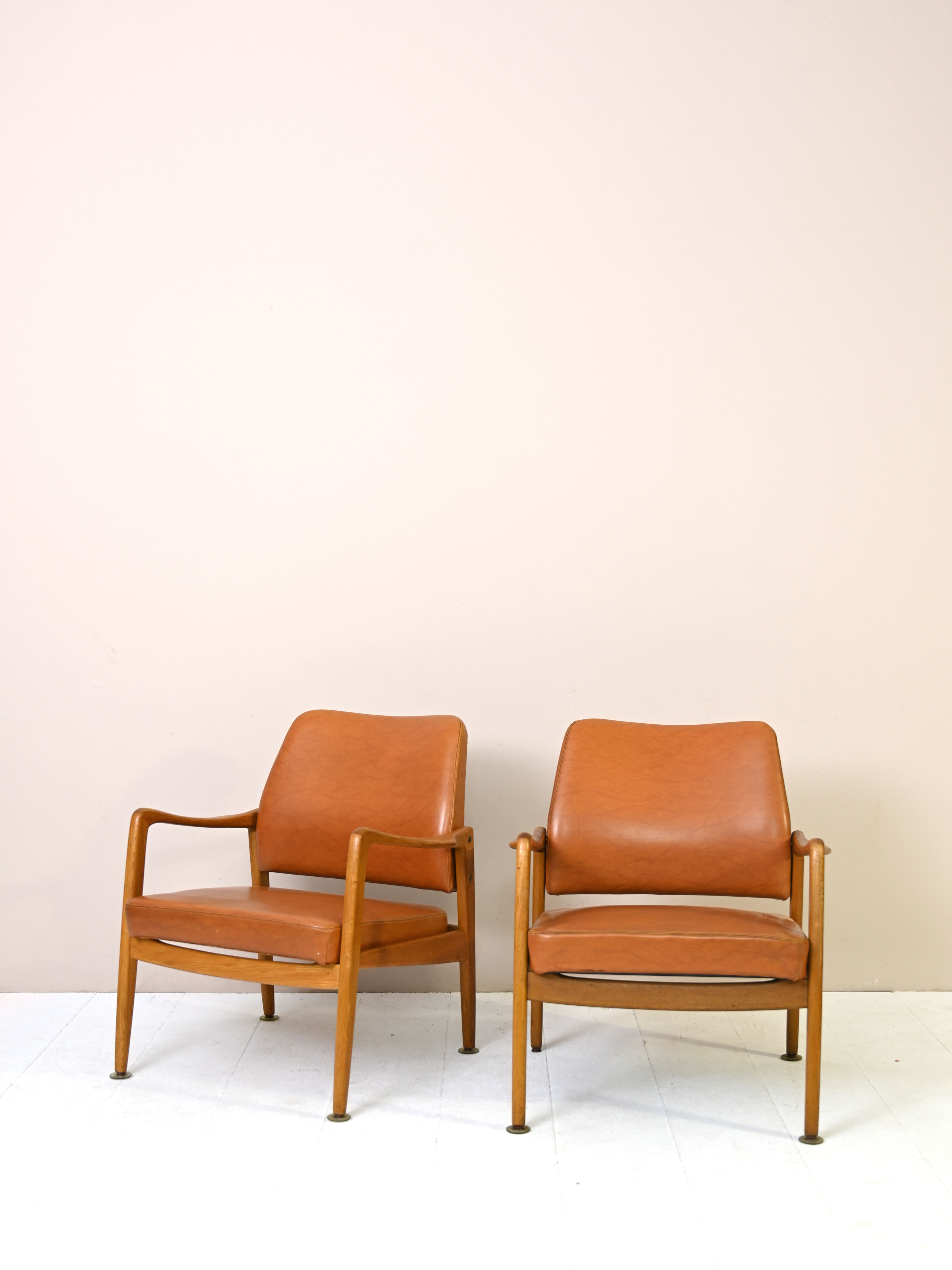 Pair of vintage Danish teak and leather armchairs