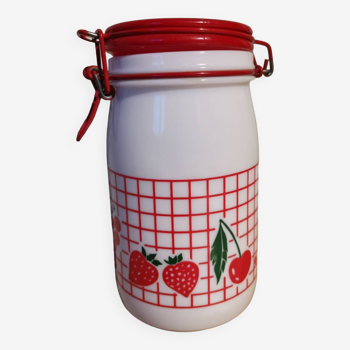 Vintage cerve white opaline glass jar made in Italy red gingham strawberry cherry currant pattern screen printed