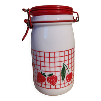 Vintage cerve white opaline glass jar made in Italy red gingham strawberry cherry currant pattern screen printed