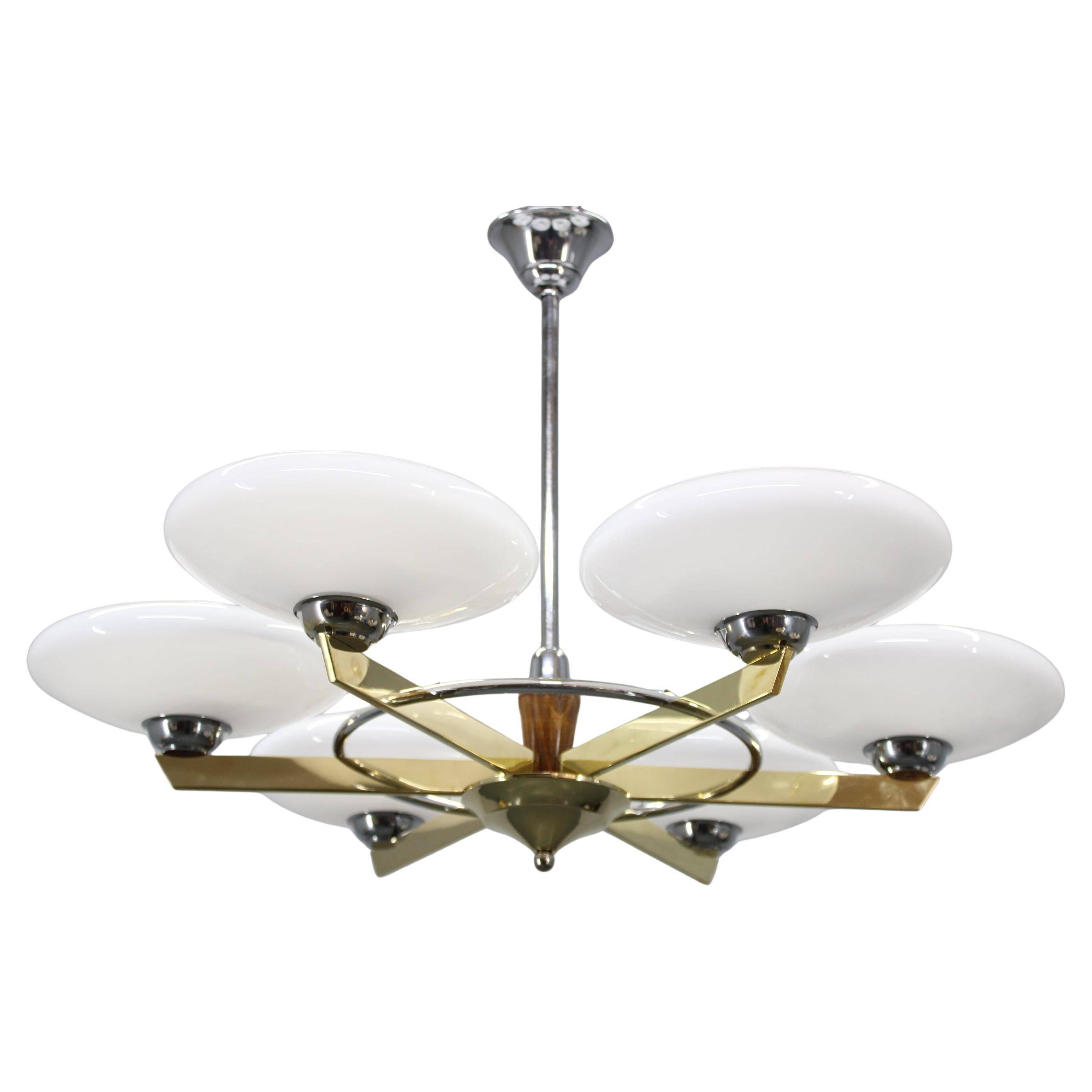 Art Deco six-light chandelier in chrome, brass and opaline glass