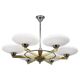 Art Deco six-light chandelier in chrome, brass and opaline glass