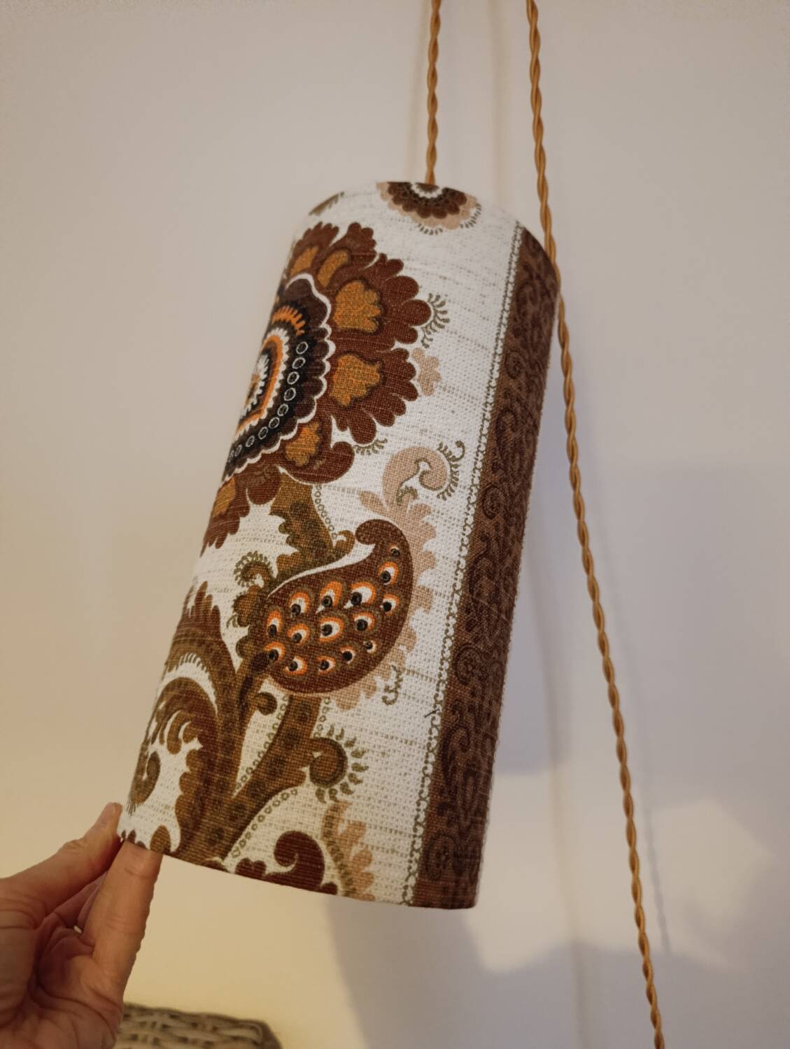 Vintage portable lamp with authentic seventies floral linen fabric.
