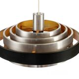 Multi layered "space age" pendant light in brushed aluminium with red light effect. Denmark 1960s