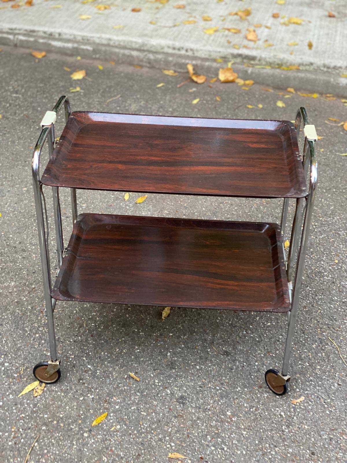 Folding serving cart in steel and mahogany wood on wheels, 70cm
