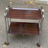 Folding serving cart in steel and mahogany wood on wheels, 70cm